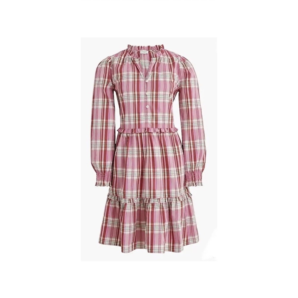 J.Crew Pink Plaid Ruffle Cotton Poplin Dress Size 2 Preppy Picnic Fall Dress